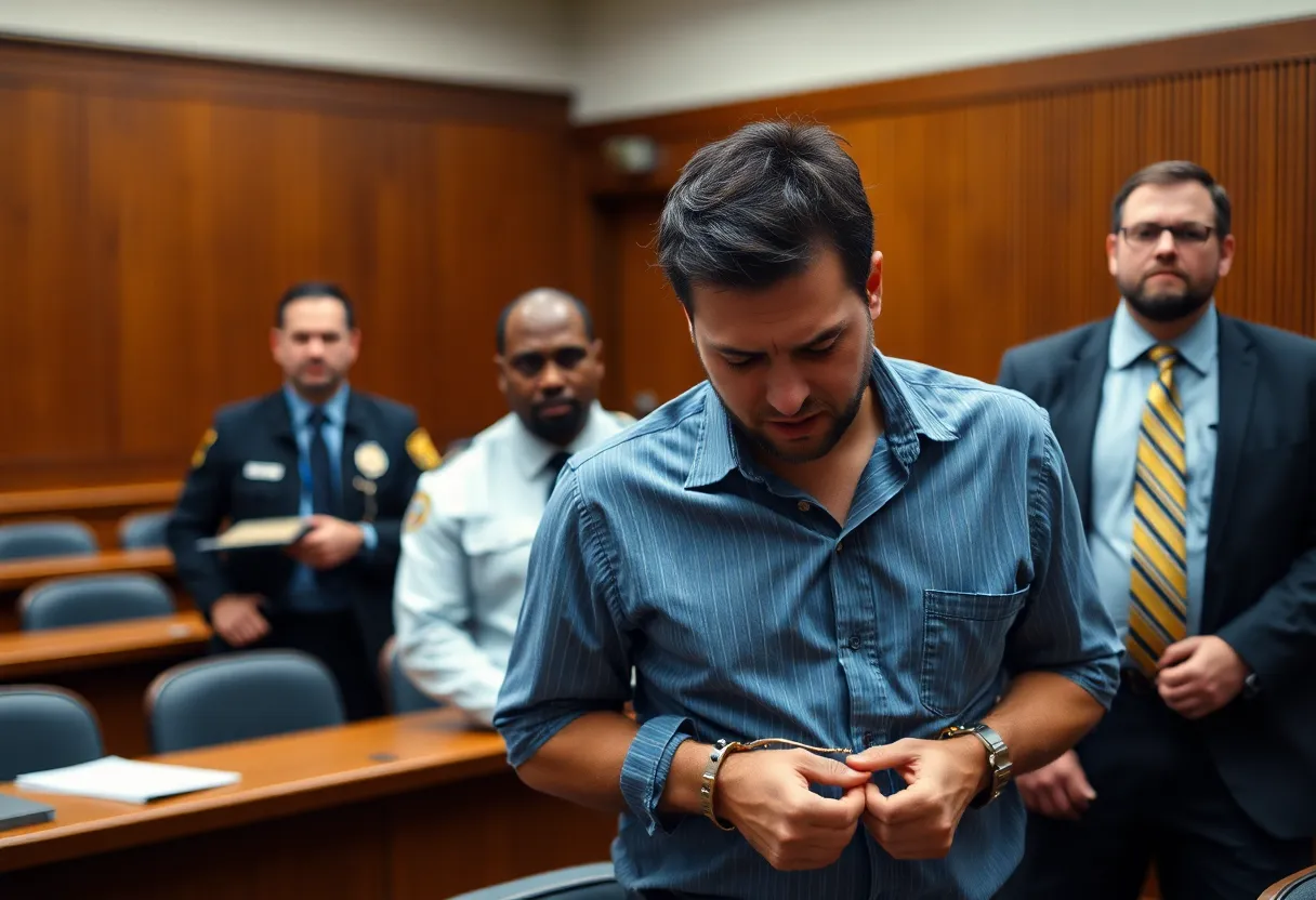 Courtroom scene with security personnel and a restrained individual