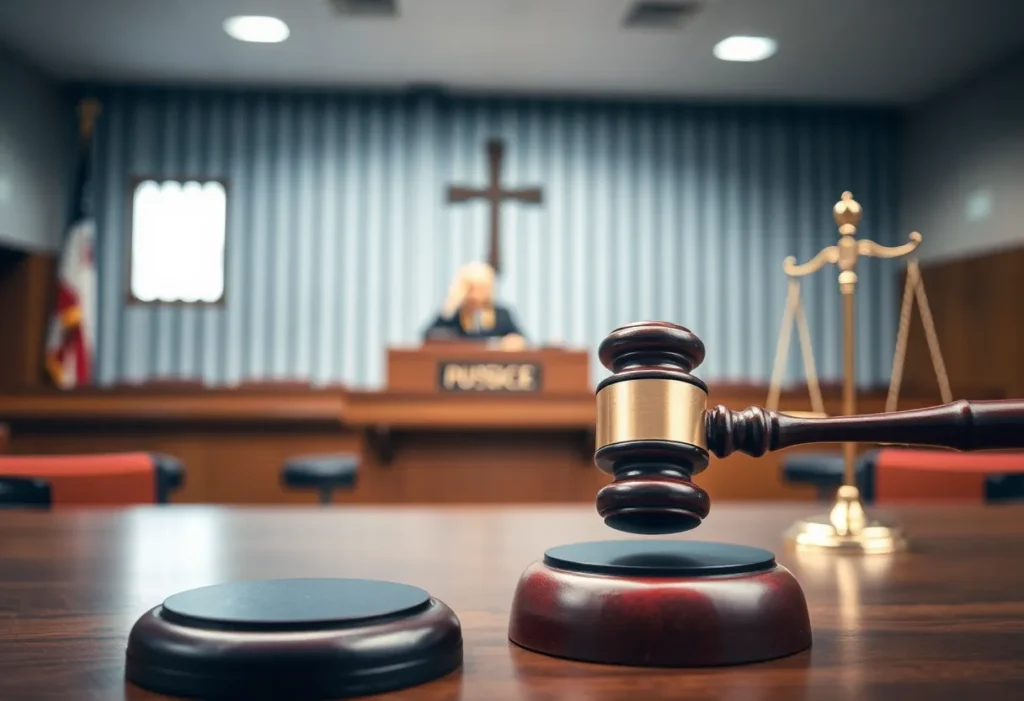 A courtroom with a gavel and scales of justice, symbolizing a legal judgment.