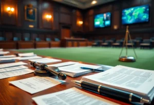 Courtroom scene depicting legal documents related to bribery charges