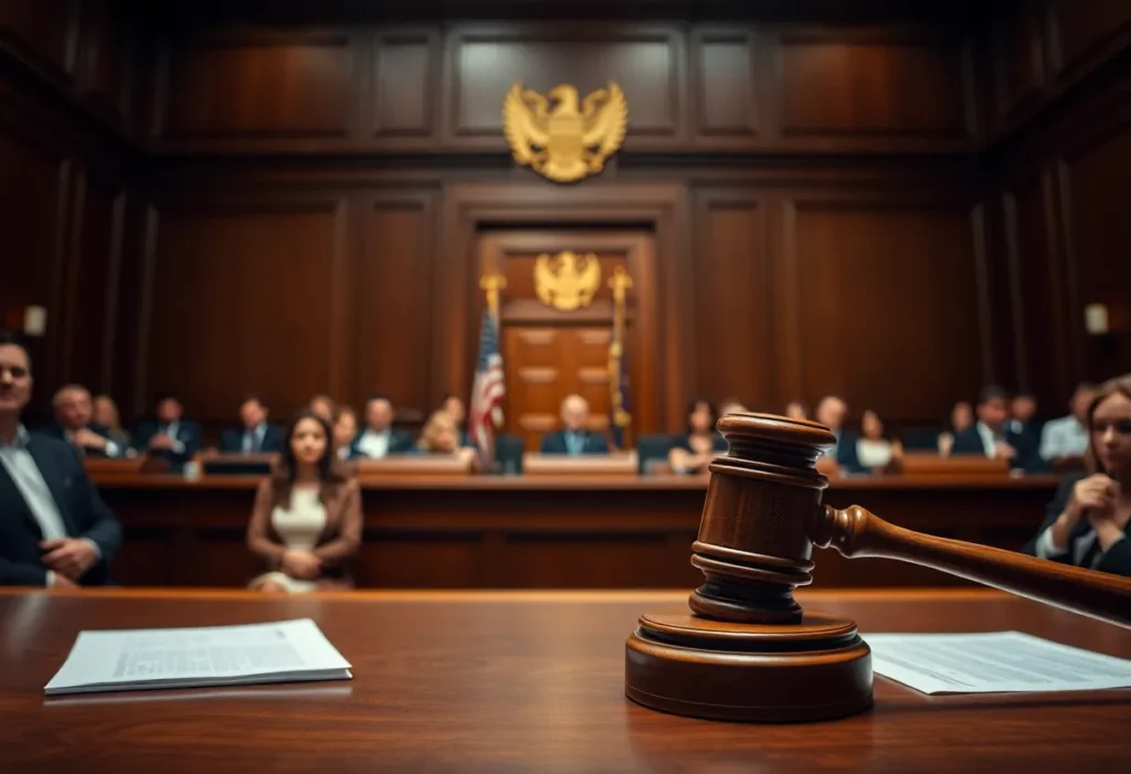A dramatic courtroom with legal documents and gavel
