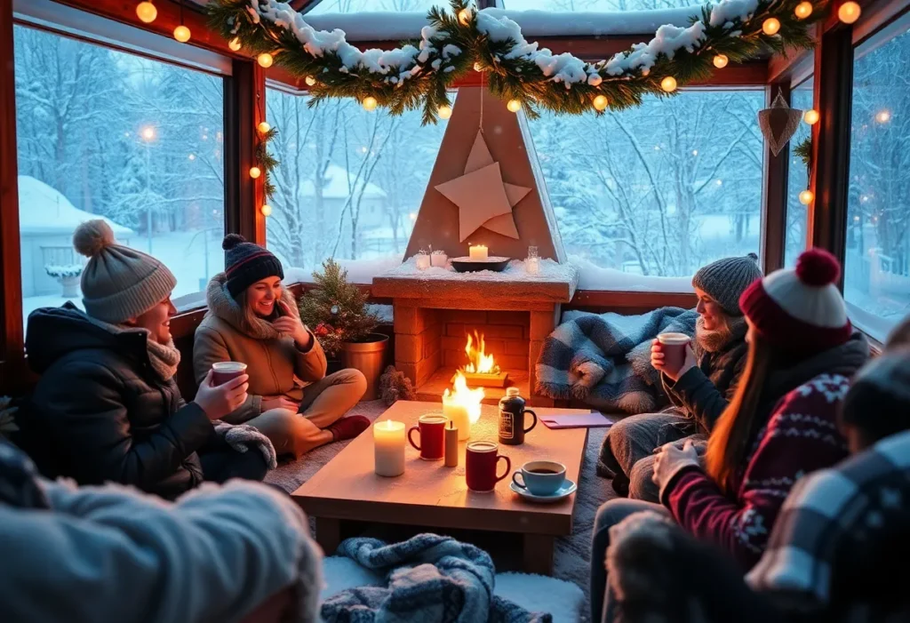 A warm and inviting winter scene depicting hygge with cozy decorations and warm lighting