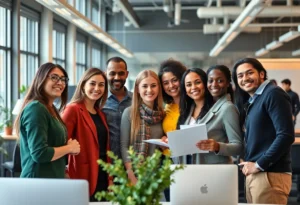 Employees engaged in a collaborative workplace environment