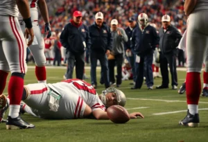 Indianapolis Colts quarterback injured on the field surrounded by teammates and medical staff.