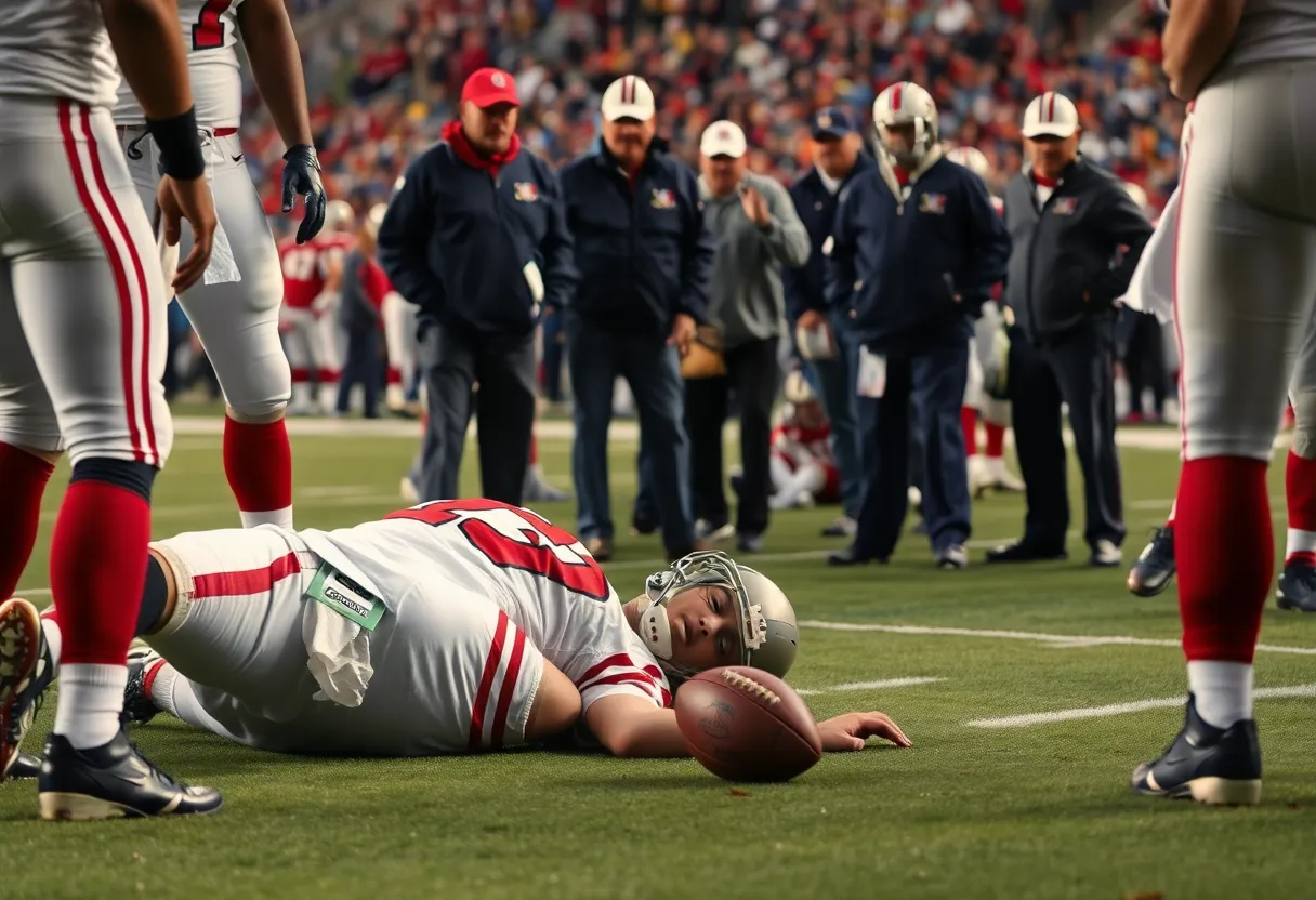Indianapolis Colts quarterback injured on the field surrounded by teammates and medical staff.