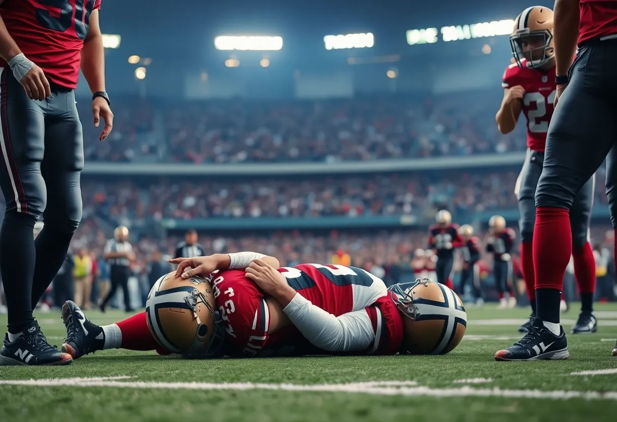 Injury scene of a quarterback on the field with teammates surrounding