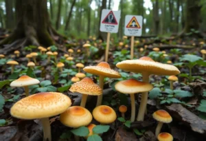 A variety of mushrooms, including death cap mushrooms, in a wooded area with caution signs.