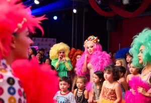 Drag performers entertaining an audience at a family-friendly event