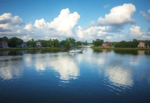 A small boat adrift in a peaceful waterway of Jacksonville.