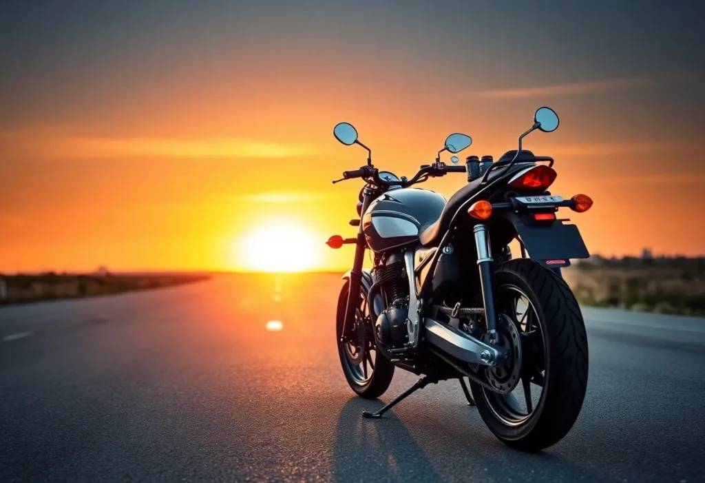 Empty motorcycle on a deserted road during sunset