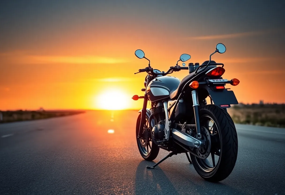 Empty motorcycle on a deserted road during sunset