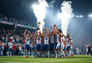 Duke Football team celebrating their championship win with fans cheering.