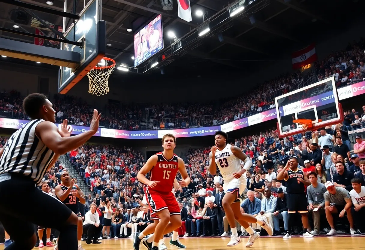 Players competing in a college basketball game between Duke and Florida.