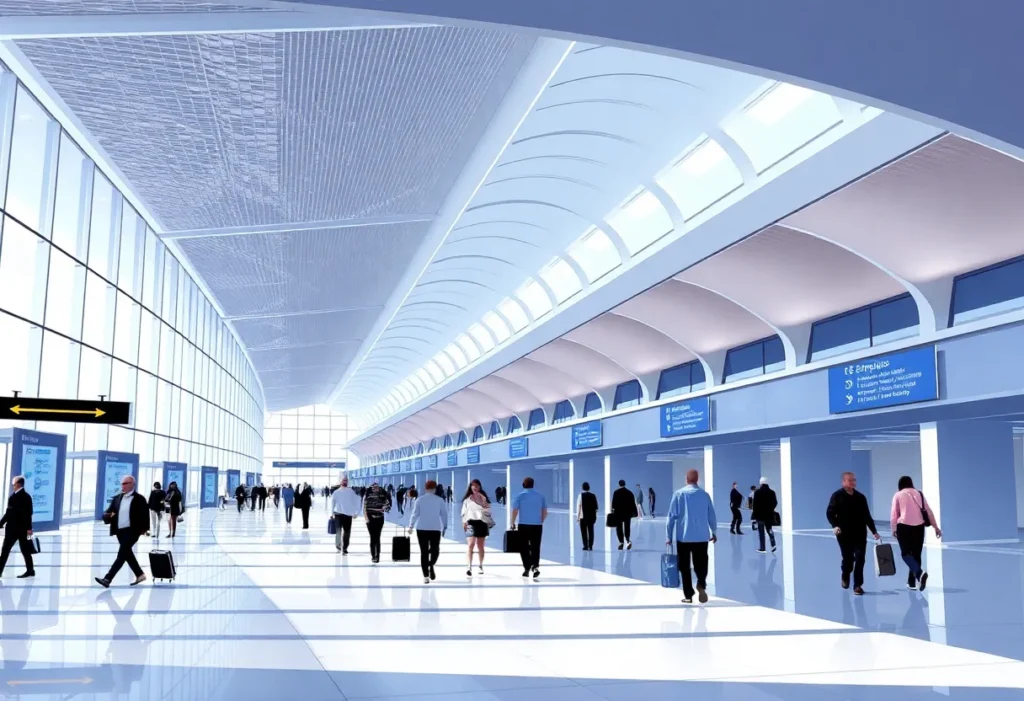 Illustration of a modernized Dulles International Airport terminal with travelers.