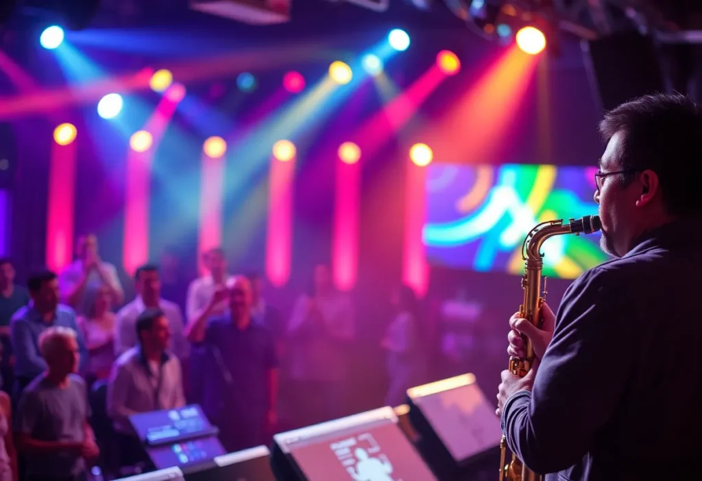 Jazz concert featuring saxophonist on stage at The Funky Biscuit