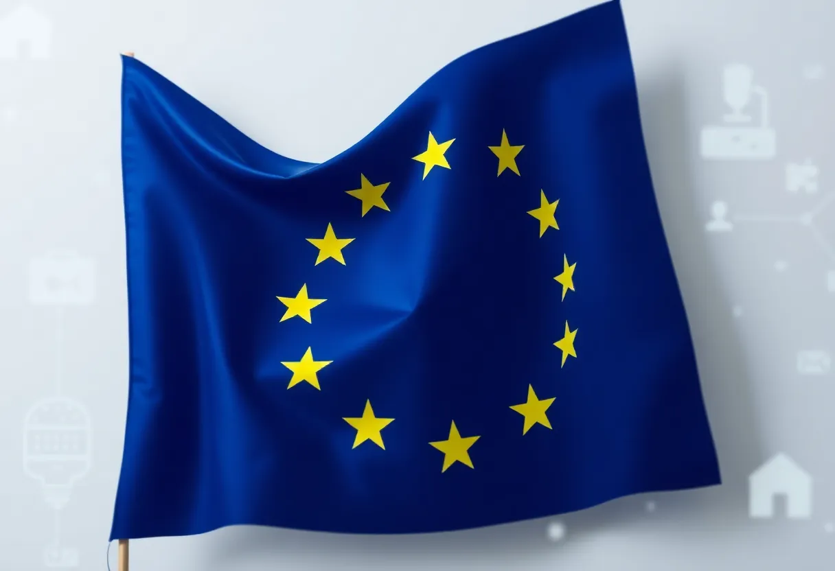 Illustration of EU flag and AI technology concepts