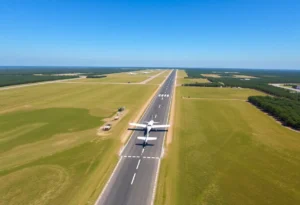 Aerial view of Fernandina Beach Municipal Airport with planes on the runway.