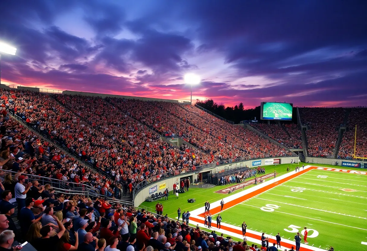 Fans cheering in a high school football stadium during finals