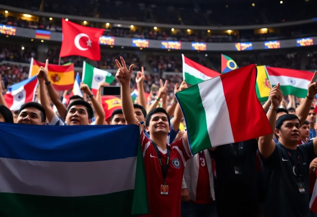 Diverse group of soccer fans celebrating at the FIFA World Cup draw event.