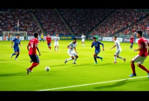 Soccer players representing different countries on a field.