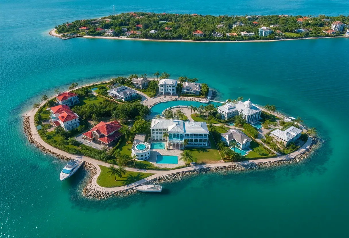 Aerial view of Fisher Island showcasing luxury homes and beautiful coastal scenery