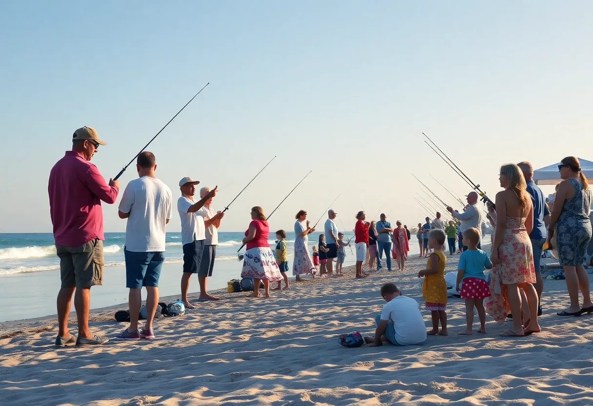Families and anglers participating in a fishing tournament at the beach to support a cancer patient.