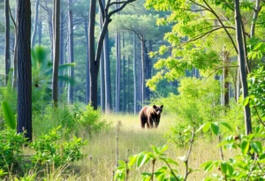 A bear standing in a Florida forest during the bear hunt.
