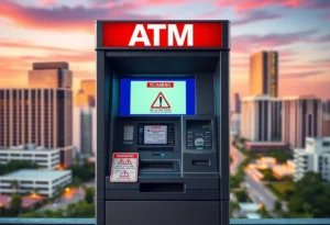 Image of cryptocurrency ATM with warning signs about scams