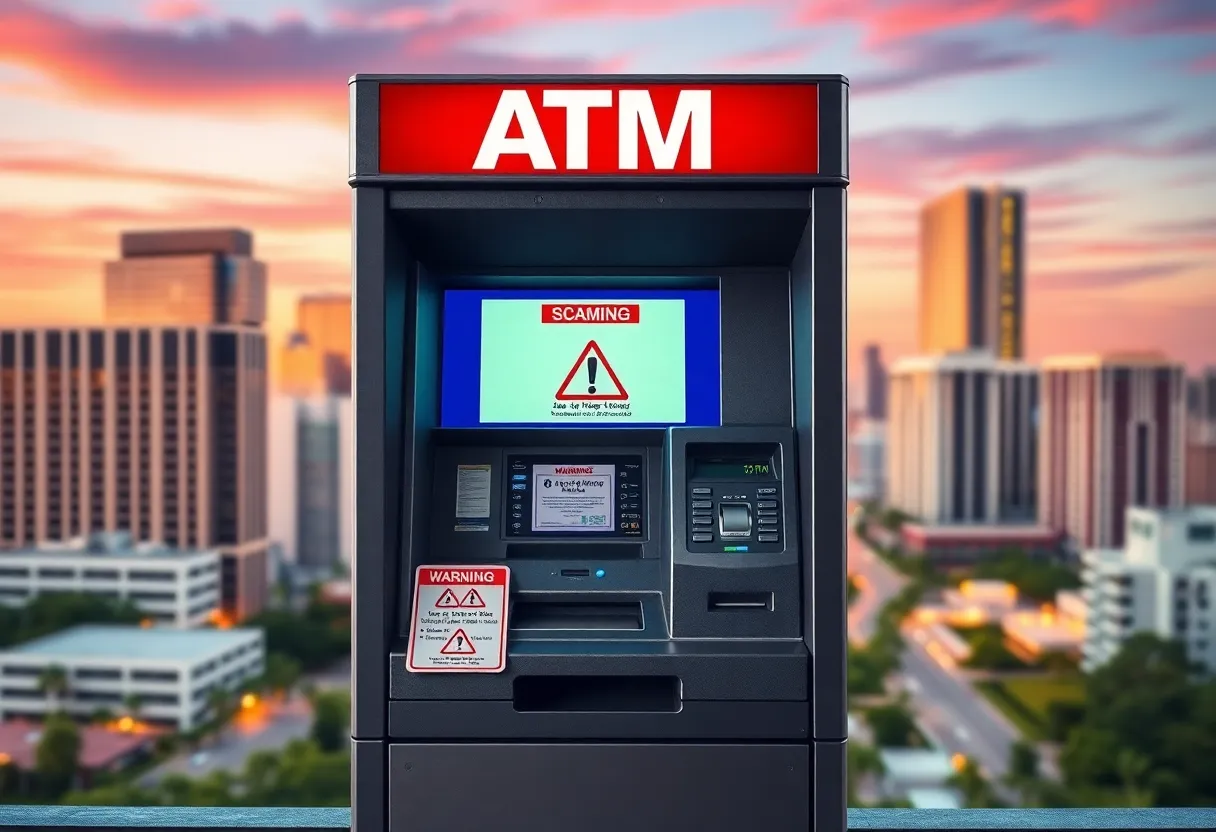 Image of cryptocurrency ATM with warning signs about scams