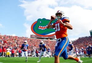Florida Gators football players in action during a game with cheering fans in the background.