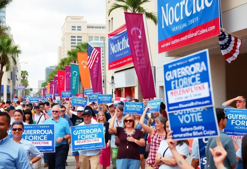 Scene of a political campaign in Jacksonville, Florida, with supporters and banners.
