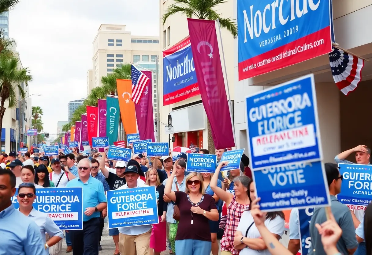 Scene of a political campaign in Jacksonville, Florida, with supporters and banners.