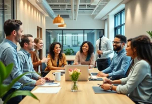 Employees collaborating in a modern office space at Future Home Loans