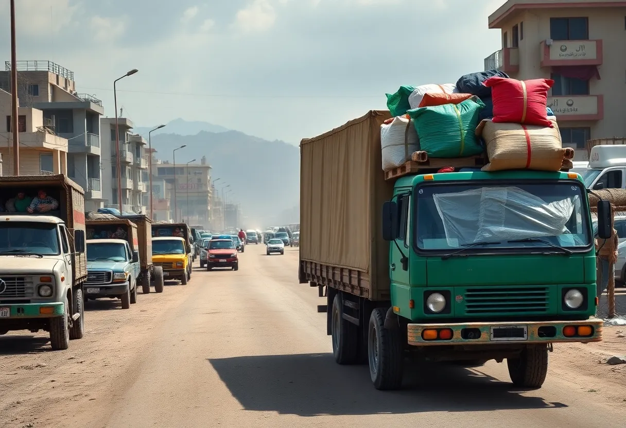 Humanitarian aid trucks delivering supplies in Gaza.