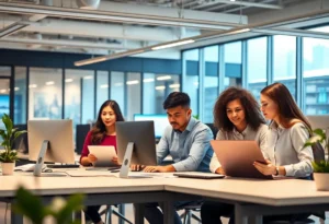 Office environment with diverse professionals using technology for staffing solutions