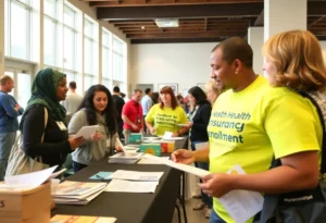 Volunteers helping residents navigate health insurance enrollment at a community event.
