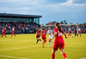 Girls soccer teams competing on a sunny day