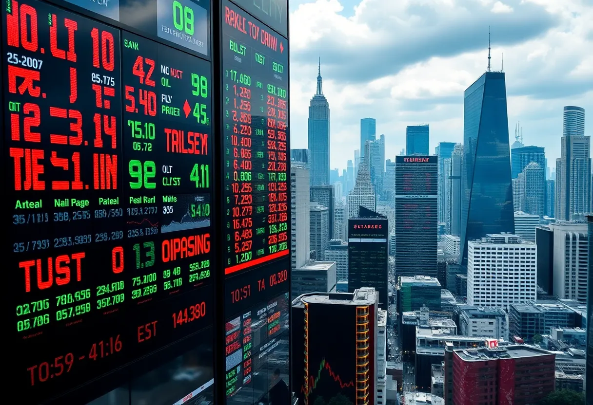 An artistic depiction of a fluctuating global financial market with stock tickers and an urban skyline.
