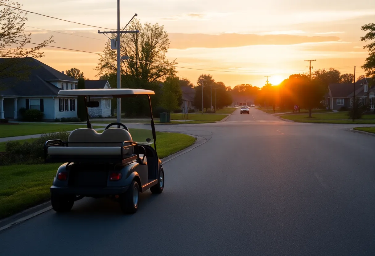 A golf cart driving on a suburban road surrounded by houses.