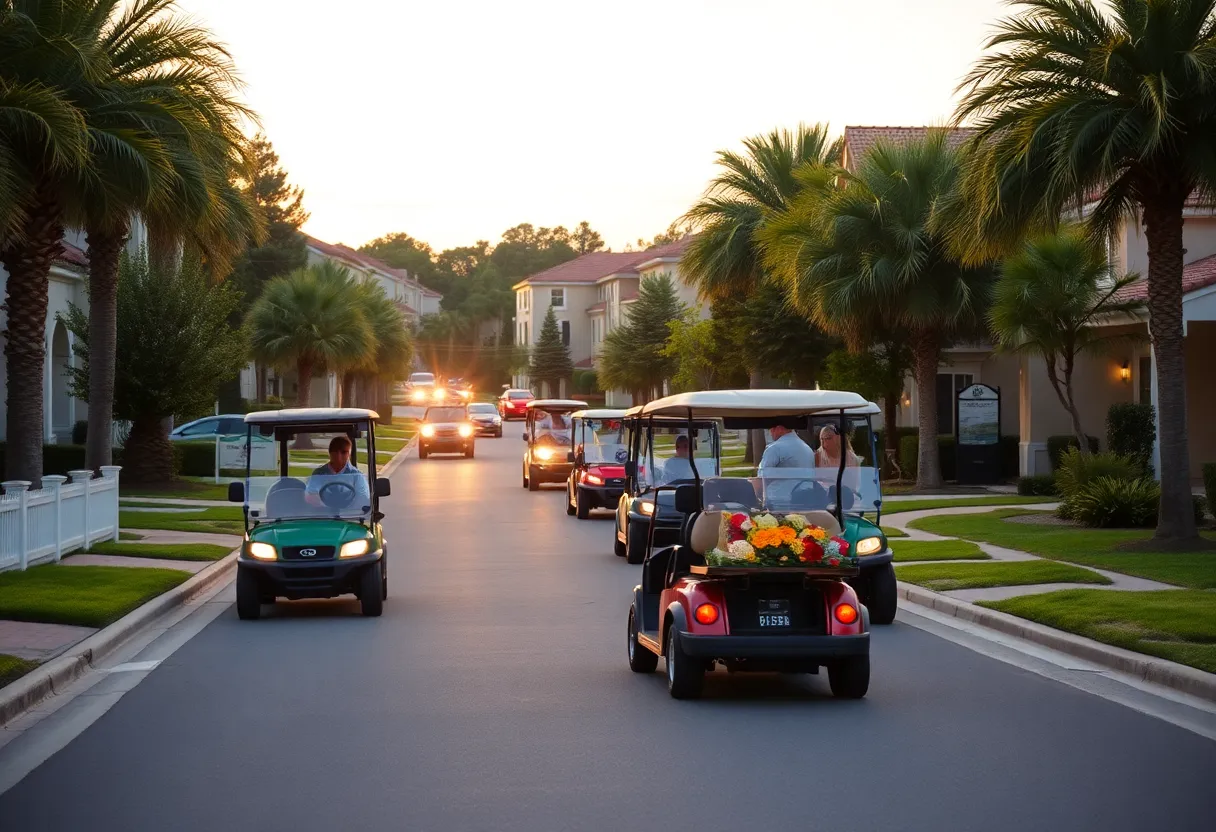Golf carts driving in a peaceful residential neighborhood during sunset