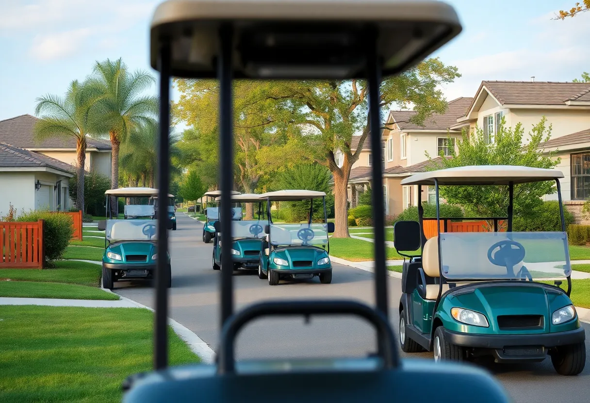 Golf carts in a residential community highlighting safety concerns