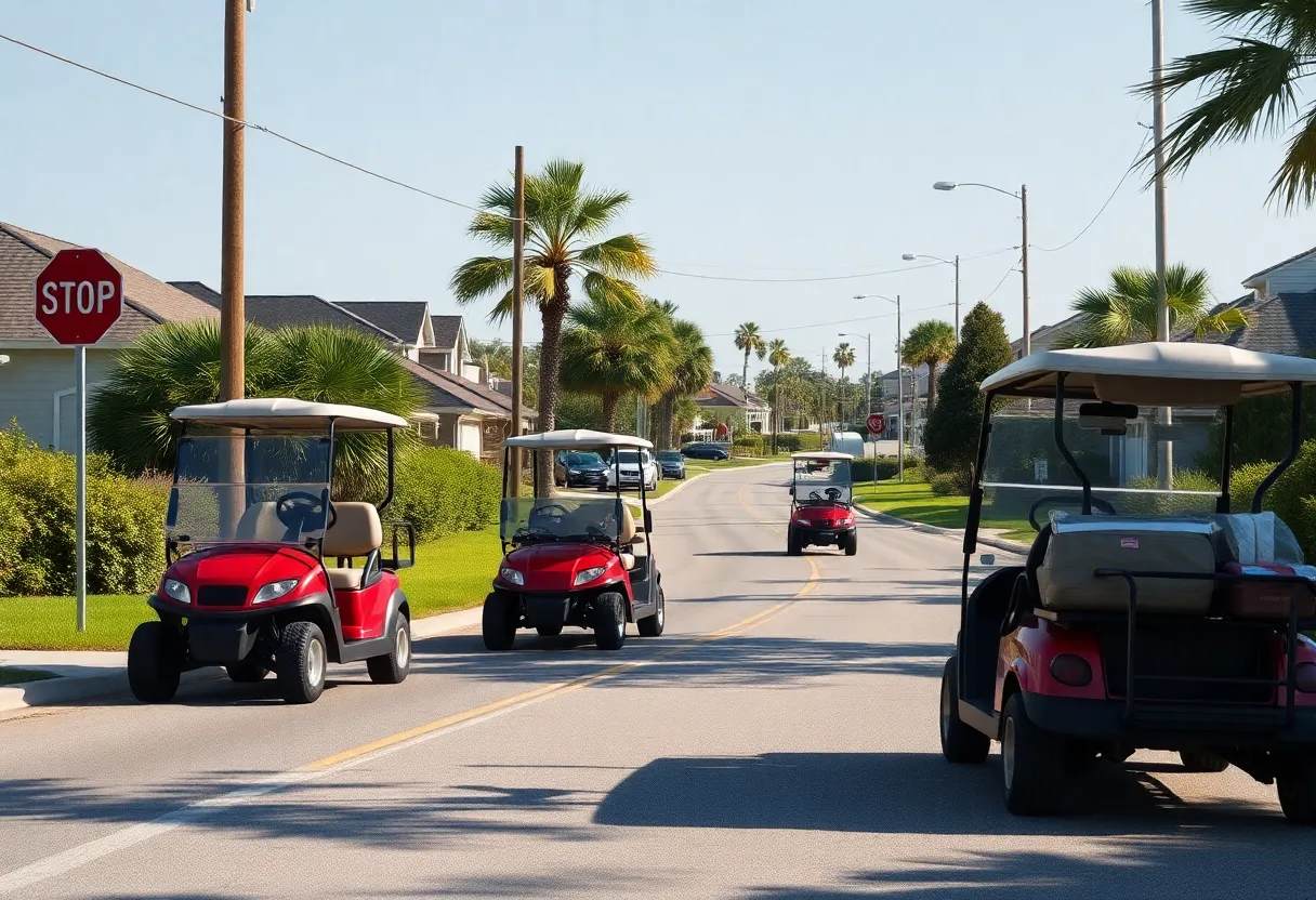 Golf carts driving on a residential road with safety signs.