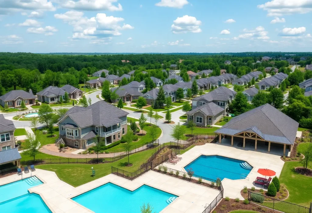 Exterior view of homes in Greenbriar Landing community with lush landscapes