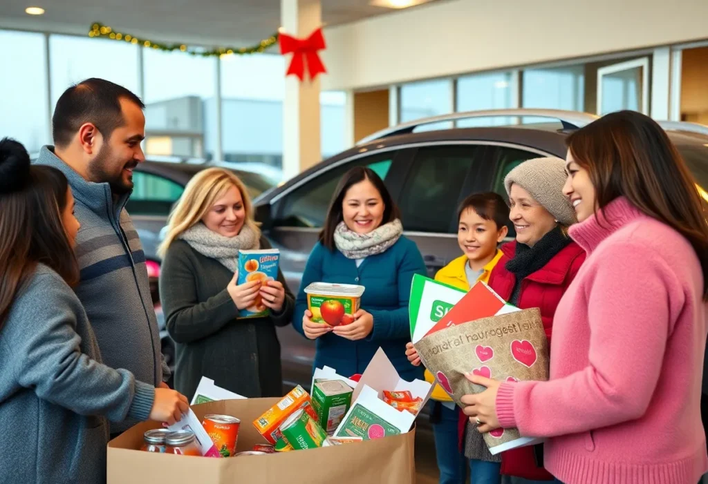 Community members donating food at Hanania Holiday Giveback event