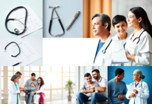 Illustration of families interacting with healthcare symbols related to tax credits.