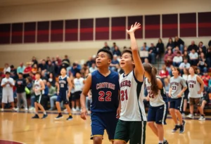 Young athletes playing high school basketball in an indoor gym