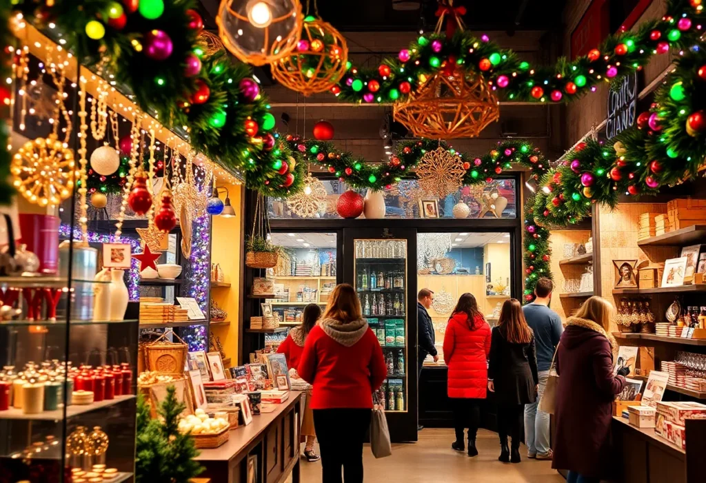 Boutique retail store decorated for the holidays with shoppers