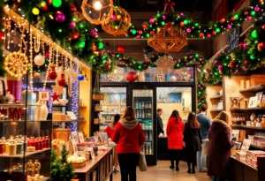 Boutique retail store decorated for the holidays with shoppers