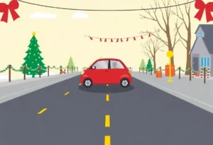 Car driving safely on a decorated road during the holidays