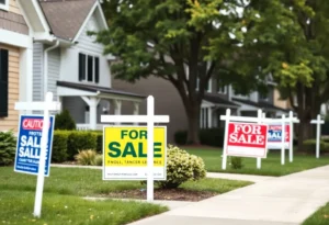 An illustration of homes with 'For Sale' signs showing a decrease in housing market activity.