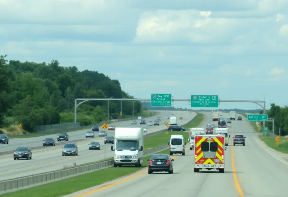 Traffic on I-95 with emergency vehicles responding to a crash.
